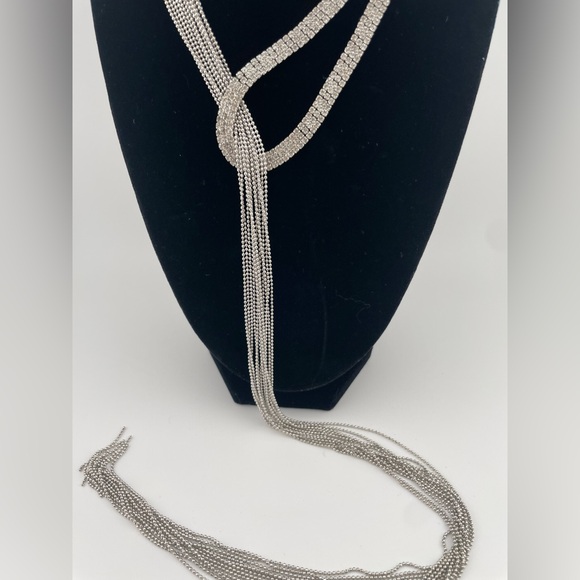 Modern Silver Mesh Lariat Necklace Rhinestone Loop Long Tassel Drop - Picture 5 of 11